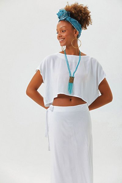 Clandestino Καγιάκ λαιμόκοψη Oversize Summer Crop Bohemian Μπλούζα Λευκή