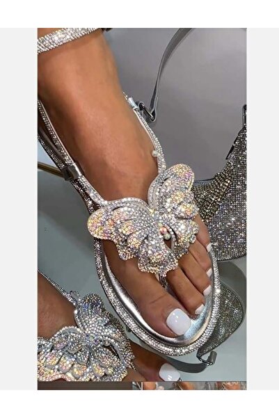 Giydim Gidiyor Strawberry Kelebek Kristal Taşlı Sandalet Gümüş