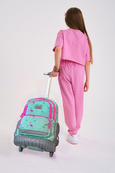 Coral High Rucsac și geantă de școală pentru copii, cu model flamingo, colorată verde apă, în două trepte 24022