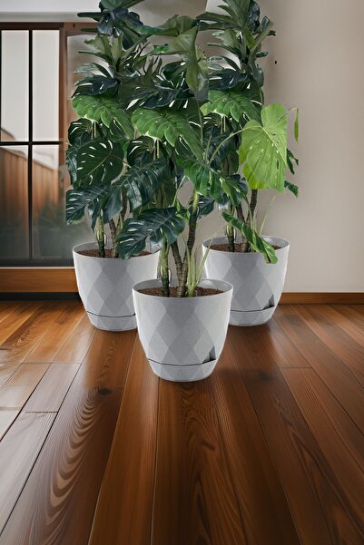 TEMMUZ HOME No4 3 Adet 4,8 Litre Prizma Desenli Tabaklı Plastik Saksı Yakamoz