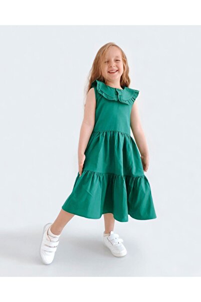 le petit sole Green Girl's Dress - Ruffle Collar