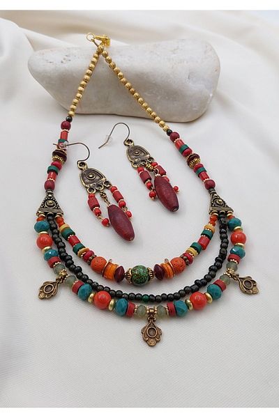 takitokaciniz Indian Glass Women's Necklace Earrings Set
