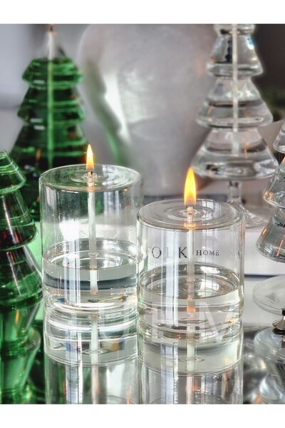 QUEM Dekoratif 2'li Silindir Serisi Cam Kandil + 1 Lt Şeffaf Yakıt