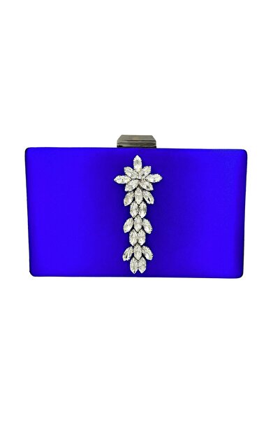Generic Brand Cobalt Blue Color Silver Case Silver Stone Satin Evening Bag Ev...