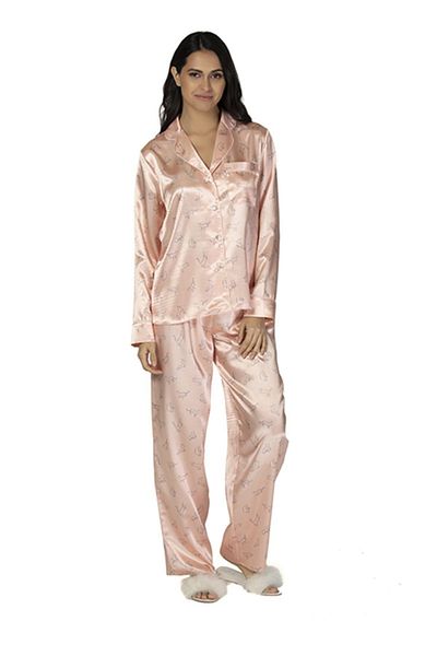 YOU & ME U&Me Cat Patterned Satin Pajama Set - Salmon