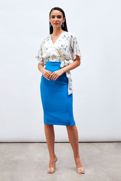 Sateen Blue Straight Pencil Skirt