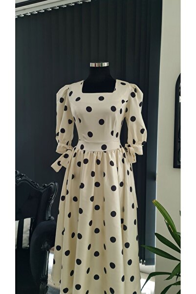 makbuleofficial Puantiyeli Saten Kumaştan Midi Boy Büzgülü Karpuz Kollu Elbise