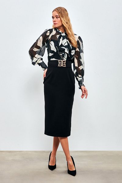 Sateen Fustă creion cu Detaliu Accesorii - NEGRU