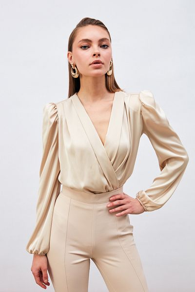 Sateen Double Breasted Satin Bodysuit Blouse - Stone