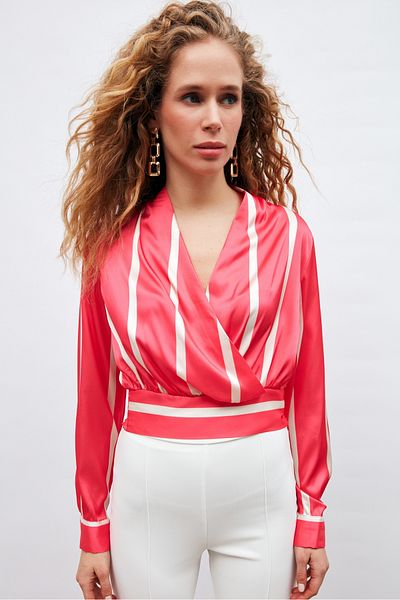 Sateen Double Breasted Neck Striped Blouse - Fuchsia