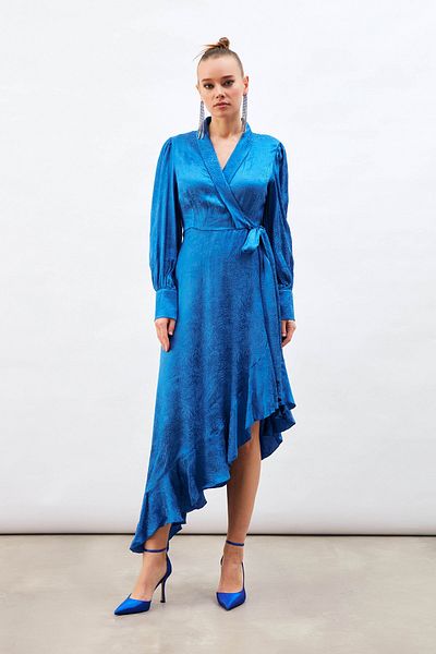 Sateen Jacquard Asymmetrical Dress Sax Blue