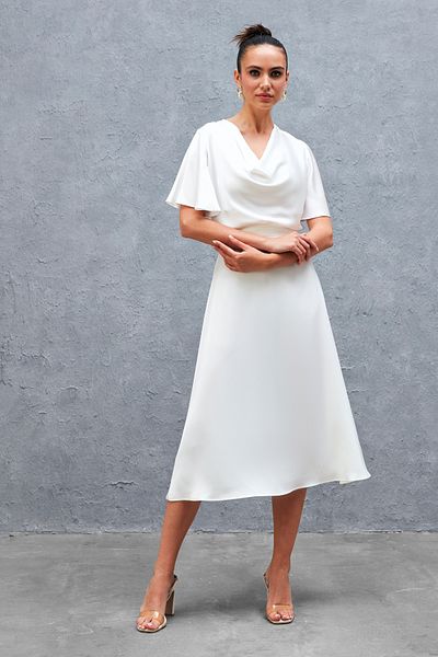 Sateen Midi Length Satin Skirt ECRU
