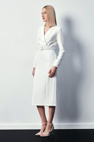 Sateen Belted Pencil Dress - Ecru