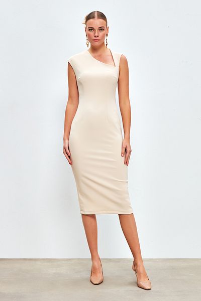 Sateen Rochie Midi Asimetrică Culoare BEJ