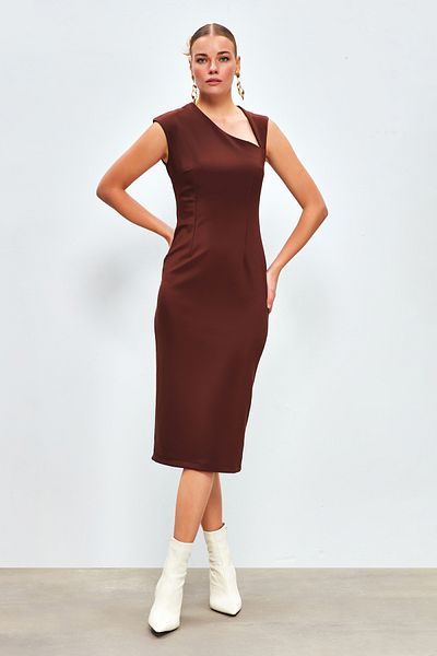 Sateen Μίντι Φόρεμα Ασύμμετρης Κοπής - Καφέ