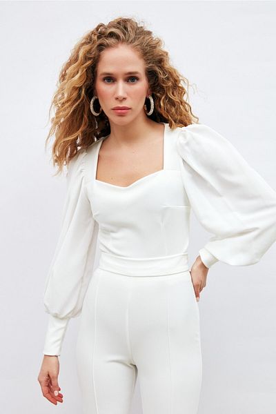 Sateen Ecru Crop Blouse - Balloon Sleeve Design