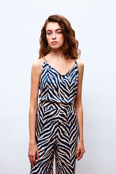 Sateen Dark Blue Patterned Satin Blouse