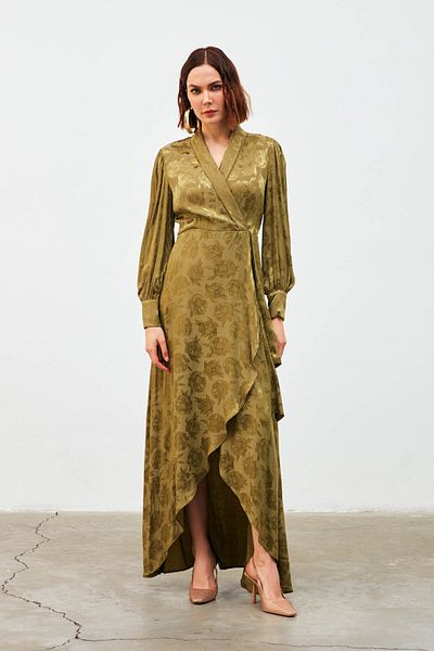 Sateen Double Breasted Patterned Long Dress - Khaki
