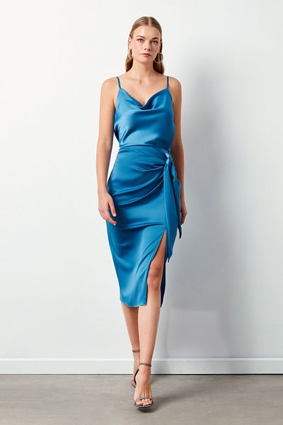 Sateen Fusta din satin cu legare - Sax Blue