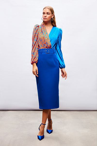 Sateen Sax Blue Belted Pencil Skirt