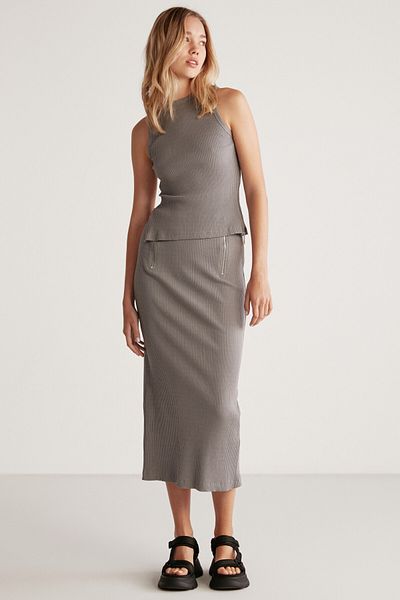 GRIMELANGE Lauren Women's Slim Fit Zipper Detailed Midi Gray Skirt