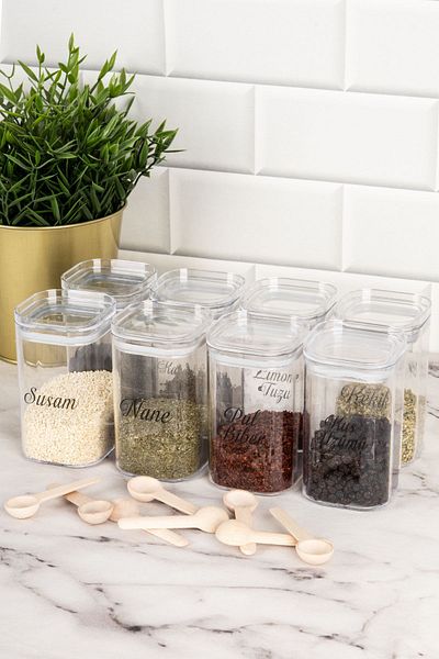 DNS HOME 8-Piece Vacuum Lid Mica Spice Jar Set with Wooden Spoon Storage Container Transparent Labeled Jar 250 ml