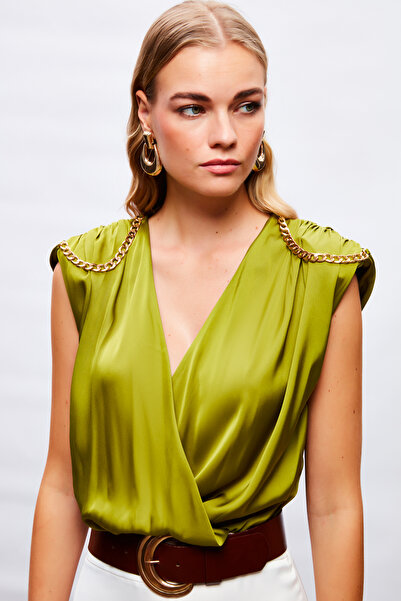 Sateen Satin Bodysuit Blouse with Chain Accessory - OIL GREEN