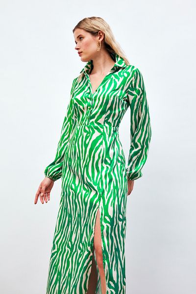 Sateen Green Shirt Dress - Slit Detail