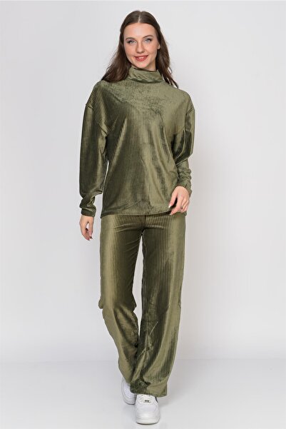 Nuseel Yarım Boğazlı Fitilli Kadife Takım Haki Rengi
