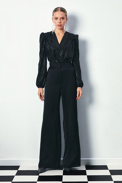 Sateen Μαύρη γυαλιστερή ριγέ ολόσωμη μπλούζα