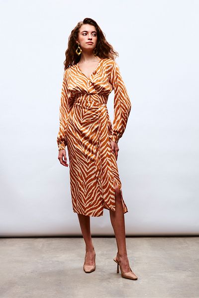 Sateen Zebra Patterned Satin Skirt - Camel