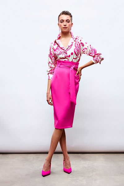 Sateen Belted Pencil Skirt - Pink