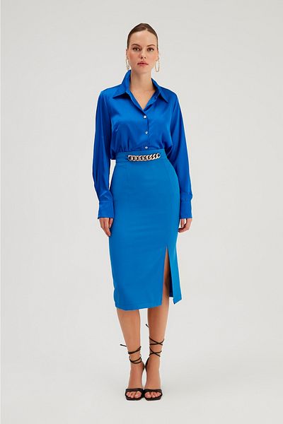 Sateen Sax Blue Chain Detailed Pencil Skirt