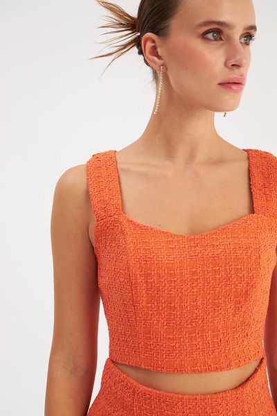 Sateen Strappy Tweed Crop Blouse - Orange