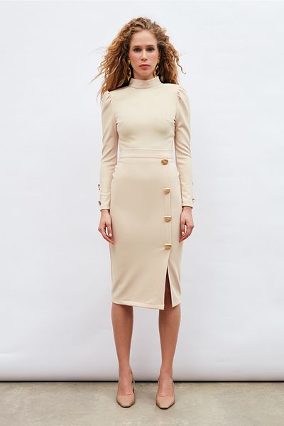 Sateen Beige Pencil Skirt - Button Detailed