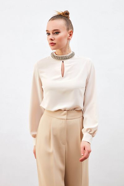 Sateen Bluza cu Guler Accesorii - Bej