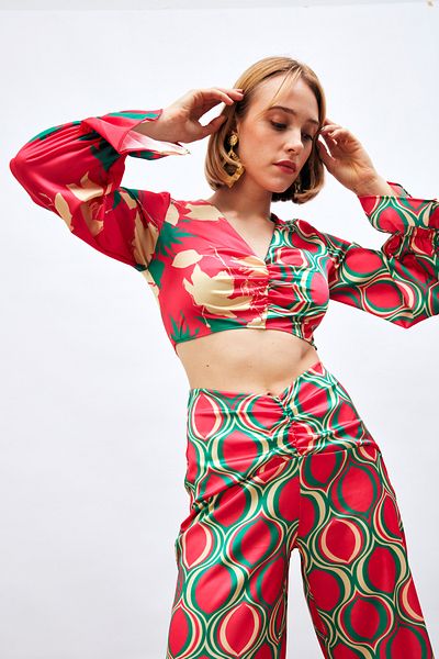 Sateen Detailed Patterned Blouse - Fuchia