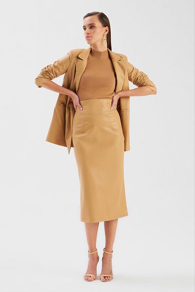 Sateen Leather Pencil Skirt - Beige