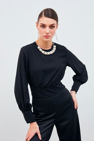Sateen Bluză Crop Detaliată Colier - Neagră