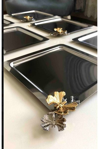 Mineli-Aşk Stainless Steel Square 6-Piece Serving and Presentation Tray with Butterfly Accessory