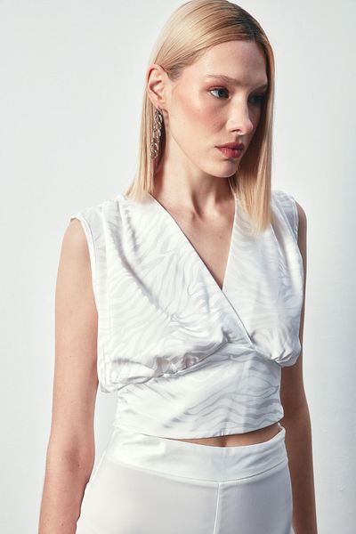 Sateen Bluză din satin cu model la două piept - ECRU