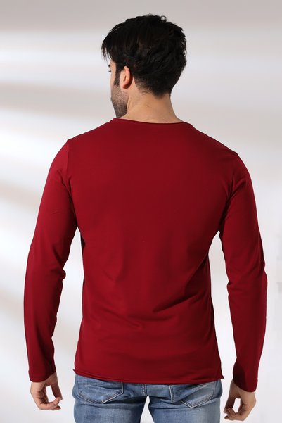 RUN RUN Tricou compact din lycra pieptănat, cu mânecă lungă, cu decolteu în V, 19698 Roșu Claret