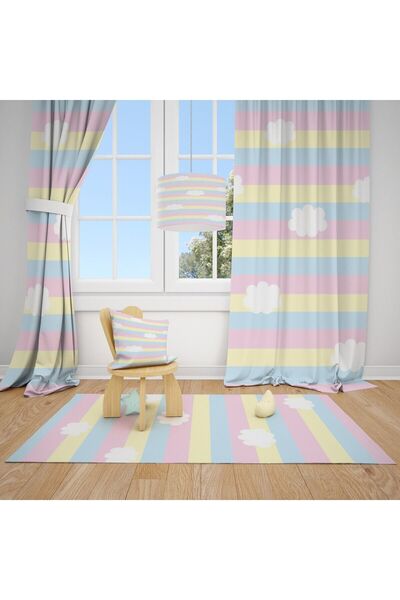 CİCİ ODAM سجادة Cici لأرضية قوس قزح والسحب البيضاء ستارة خلفية لغرفة الأطفال 1 جناح 140 × 260