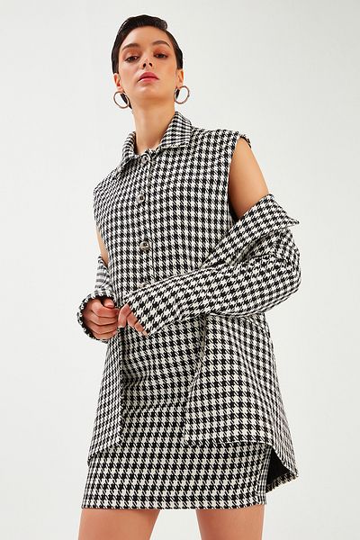 Sateen Houndstooth Mini Skirt - Black