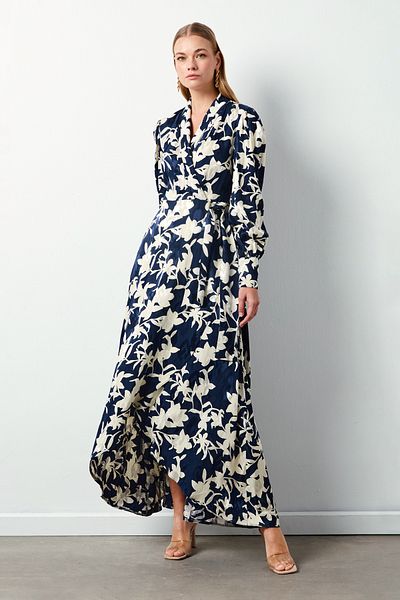 Sateen Rochie lungă cu modele florale - ALBASTRU ÎNCHIS