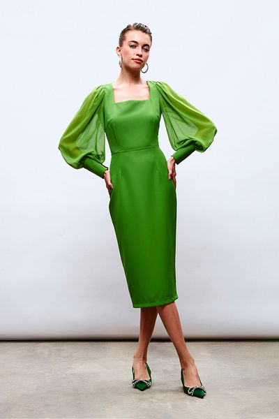 Sateen Chiffon Sleeve Crepe Dress - GREEN