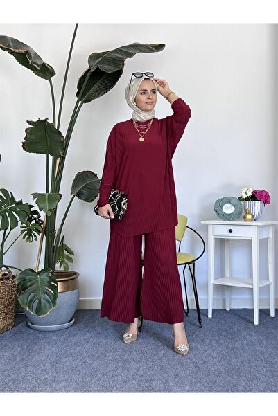 ASEL FASHİON Pileli Sandy Ikili Takım Bordo