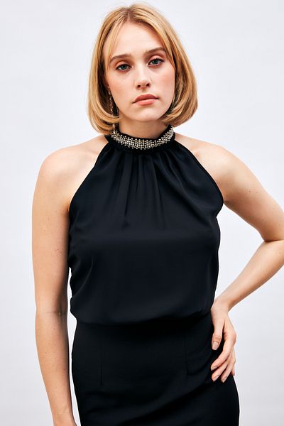 Sateen Bluză fără mâneci pentru damă, cu gât cu căpăcel, cu accesorii din mărgele și piatră