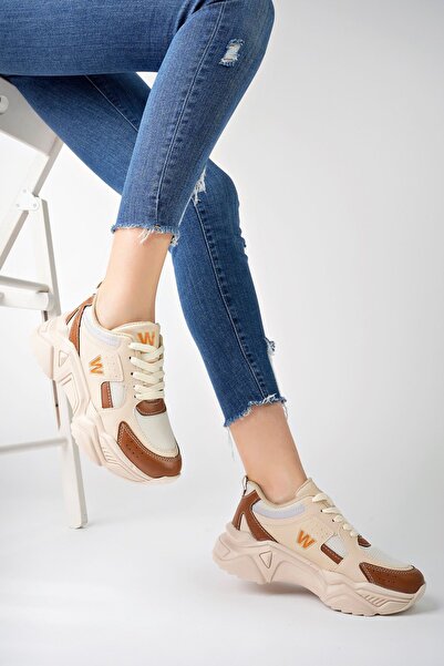 pasyone Μπεζ γυναικεία παπούτσια με ψηλή σόλα casual sneaker