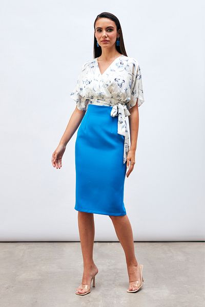 Sateen Blue Straight Pencil Skirt